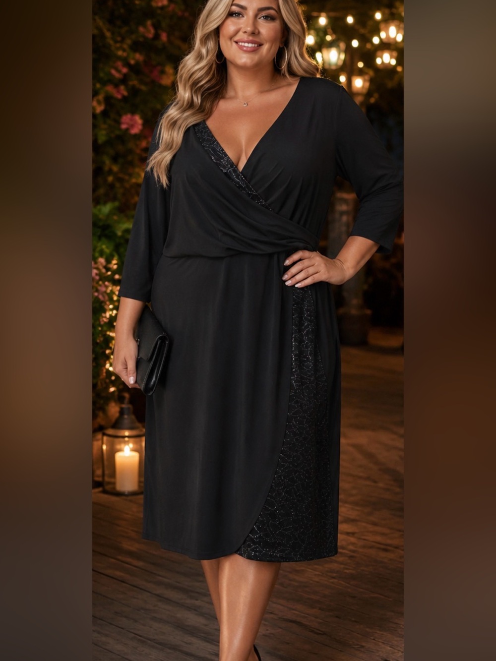 Perceptions New York black faux-wrap Sequin Embellished Midi Dress - Size XL